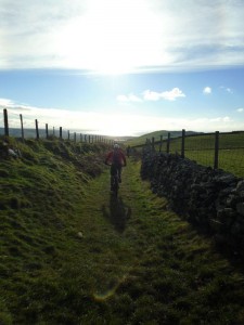 Stuart starting the grassy and slippery Pant-gwyn descent.